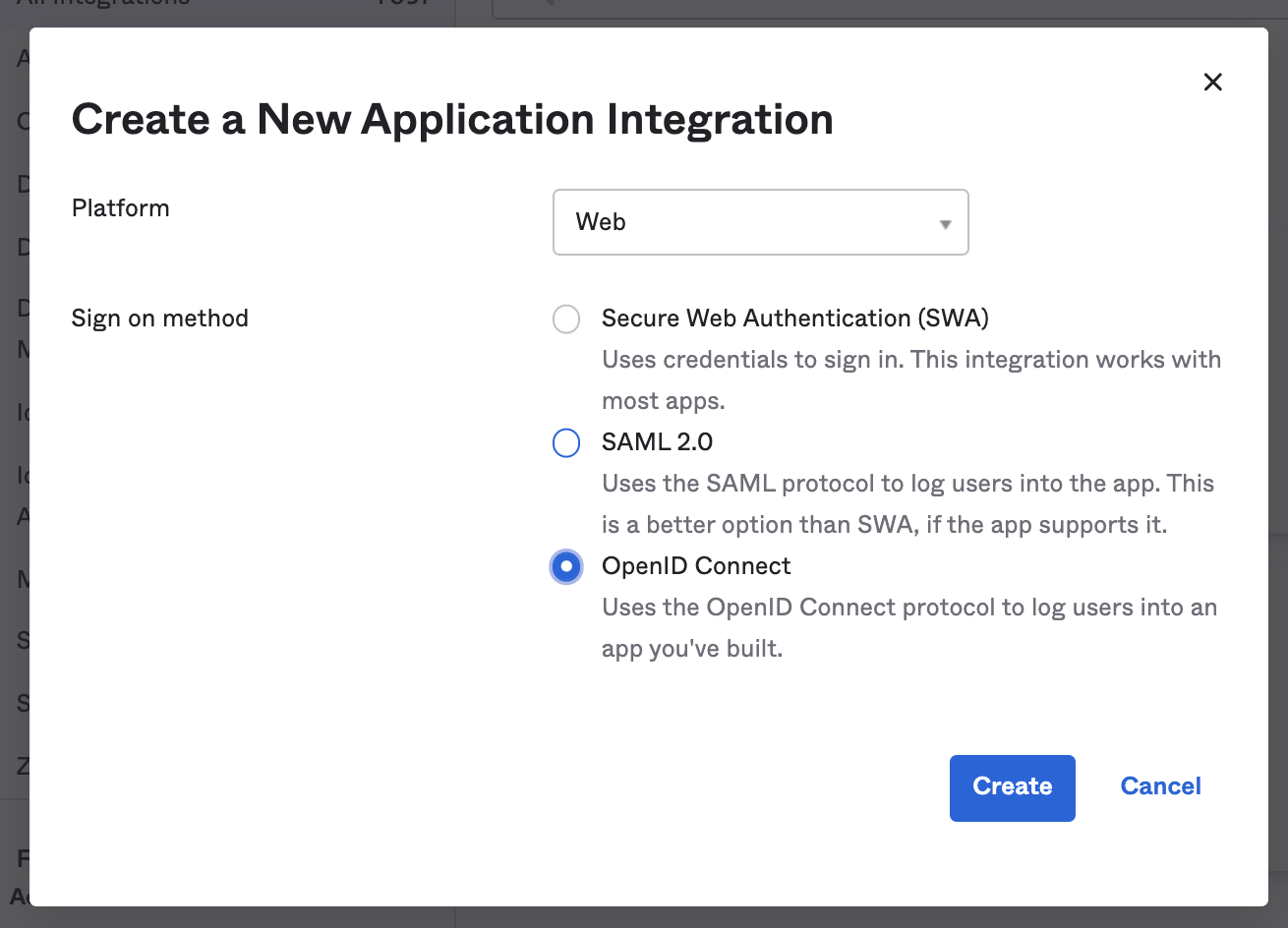 Okta New Application Dialog